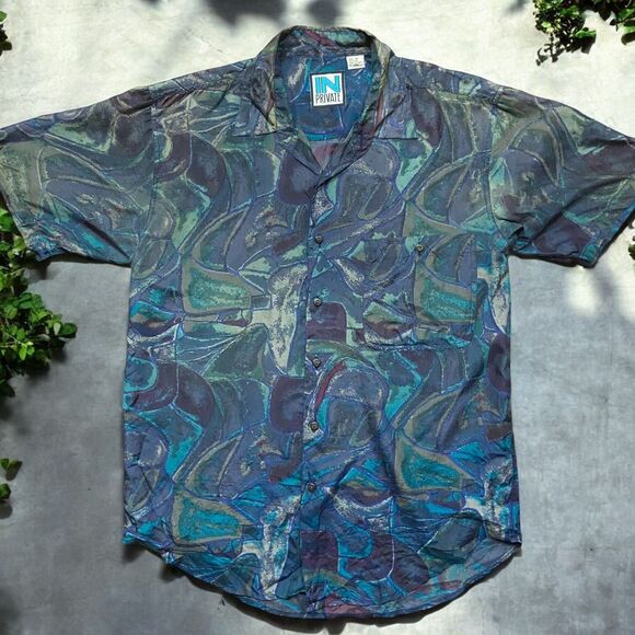 In Private Other - In Private Vintage 90s Abstract Multicolored Button Front Silk Shirt Men's Small
